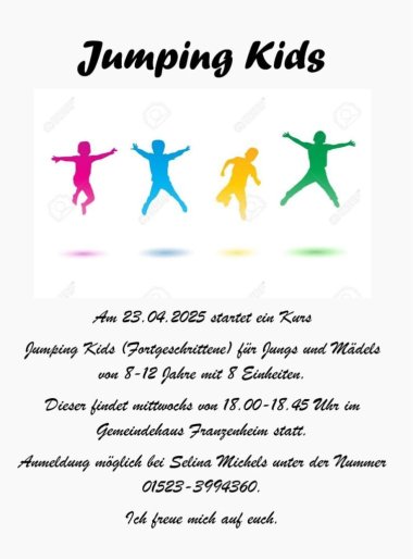 Flyer für „Jumping Kids“ – Kurs für Kinder 8–12 Jahre mit farbigen Silhouetten und Infos zu Termin, Ort und Anmeldung