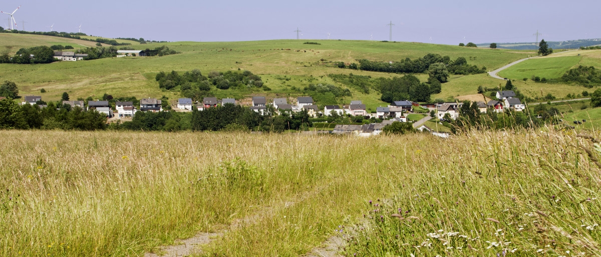 Franzenheim von weitem – Häuser im grünen Hügelland
